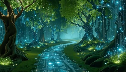 Floating digital forest with levitating trees made of circuits and holographic leaves