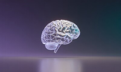 Futuristic glowing polygonal human brain model with neural network connections, ideal for illustrating artificial intelligence, cognitive science, and technology concepts