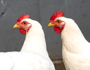 Fototapeta premium Two white chickens, side profile