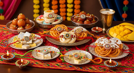 Naklejka premium Festive arrangement of sweets and rakhi bracelets on a decorated table for celebration ai generated