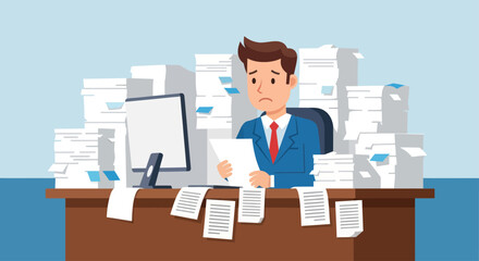 Overwhelmed businessman surrounded by piles of paperwork at desk.
