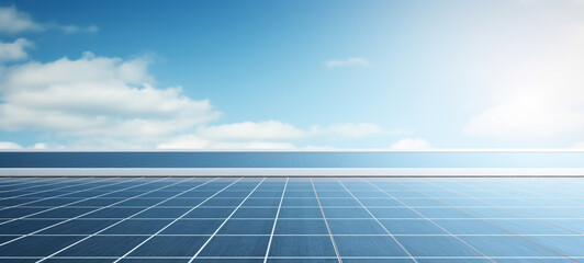 Expansive field of glistening blue solar panels stretching towards a tranquil horizon under a bright cloudless sky  Renewable energy technology and clean sustainable power concept
