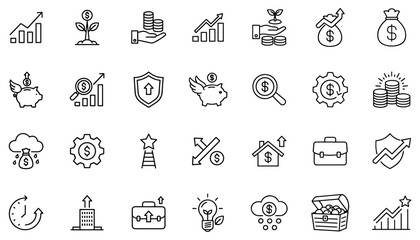 Outline icons illustrating financial growth and investment strategies highlighting asset management and business development related to monetary gain and economic improvement