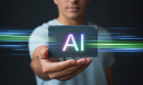 Person holding glowing AI sign with binary data streams, ideal for illustrating artificial intelligence technology and digital innovation concepts
