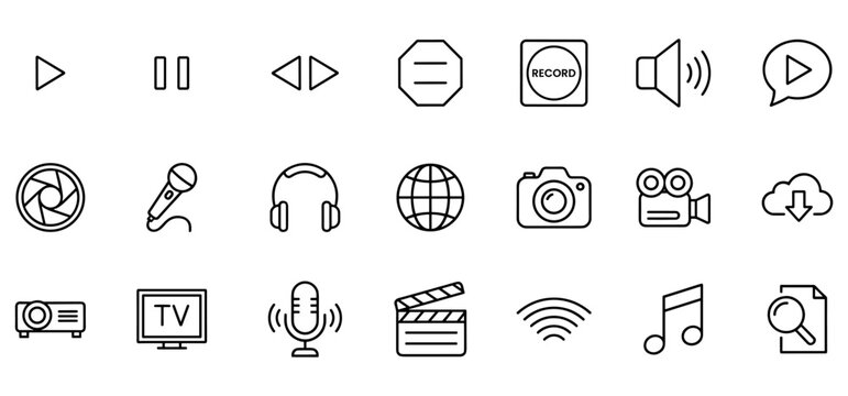 Multimedia icons for streaming services video and audio production recording and entertainment set of minimalistic style vector symbols for ui web or mobile app content