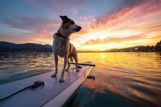 Dog enjoying sunset paddleboarding on a calm lake with beautiful sky colors and mountains in the background - Powered by Adobe