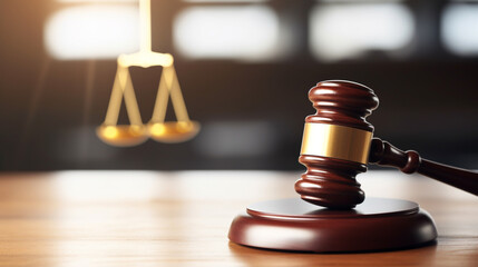 Wooden gavel on table in courtroom setting signifying the legal process of judicial review courtroom proceedings and judicial decision making for legal matters and lawsuits