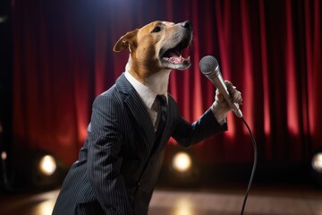 Dog in a suit performs comedy on stage with a microphone during an evening show at a local theater
