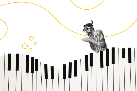 Composite artwork collage image picture of mini guy diving mask piano keys isolated on creative background