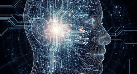 Mind and machine a futuristic digital concept of artificial intelligence evolving within the human brain, illustrating complex data pathways and cognitive advancement