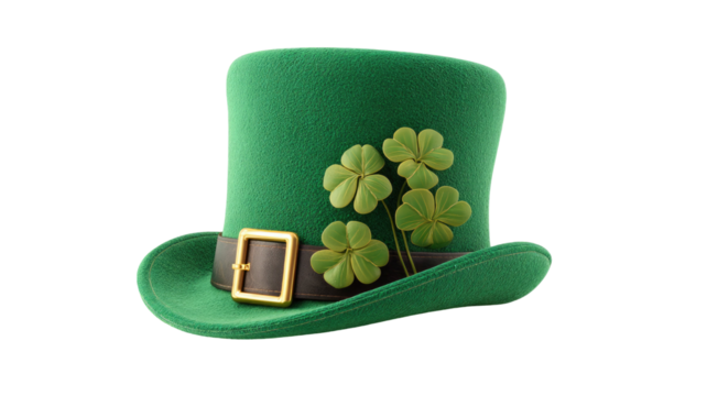 Bright Green St Patricks Day Hat with Shamrock Decoration for Irish Holiday Celebration and Party Costume isolated on white background
