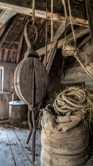 Wooden pulley in a rustic attic