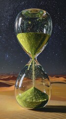 A glass hourglass filled with green sand sits on a desert landscape under a starlit night sky; the sand is slowly flowing from the top bulb to the bottom