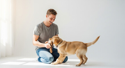 Joyful man plays tug-of-war with golden retriever puppy, sharing laughter and bonding moments together