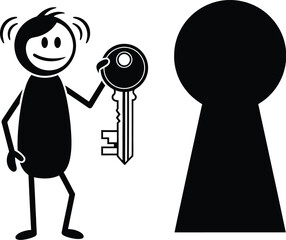 Stick figure unlocks keyhole concept illustration graphic