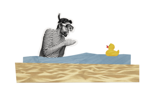 Composite photo collage of young guy wear swim equipment dive activity summer resort ocean toy duck sea isolated on painted background - Powered by Adobe