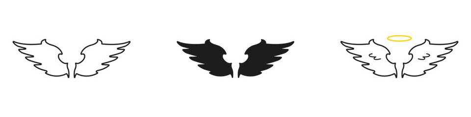 Fantasy Feather Angel Wings Line And Solid Icon Set. Dynamic Sacred Symbols With Halo And Ascension Motifs For Magical Celestial Themes. Symbol Collection. Isolated Vector Illustration