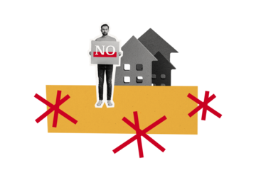 Collage young man stand hold placard no deny refusal disagree homeless apartment accommodation refugee settlement drawing background