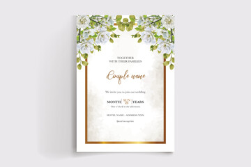 WEDDING INVITATION FRAME WITH FLOWER DECORATIONS AND FRESH LEAVES