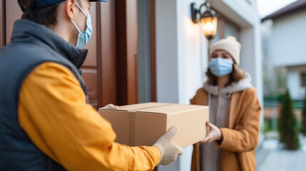 A delivery person hands a package to a woman at her front door. Both wear face masks. The woman has brown hair and is dressed warmly for winter.
