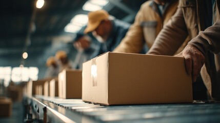 Workers in a warehouse sorting cardboard boxes on a conveyor belt. The scene shows a busy industrial environment with multiple employees engaged in logistics tasks.