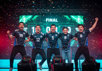 Excited esports team celebrates victory on stage with confetti falling after winning final match, capturing the thrill and camaraderie of competitive gaming.