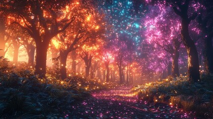 Fototapeta premium Magical forest path with glowing trees and sparkling lights.