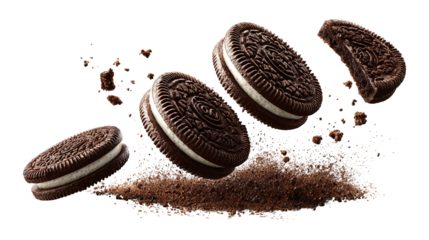flying Oreo cookies with crumbs isolated on transparent white background