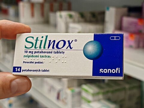 Prague, Czech Republic -September 10 2024: STILNOX box of medication with ZOLPIDEM active substance by SANOFI Zentiva, used for treatment of insomnia and sleep disorders.