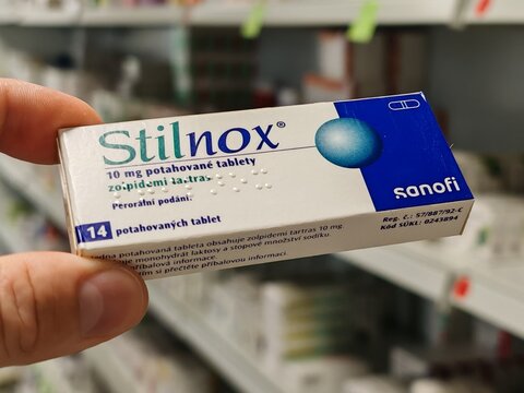 Prague, Czech Republic -September 10 2024: STILNOX box of medication with ZOLPIDEM active substance by SANOFI Zentiva, used for treatment of insomnia and sleep disorders.