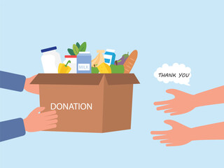 Sharing food to people. Food donation concept. People hand holding donation box full of food. verity of grocery products for homeless people in shelter vector illustration.