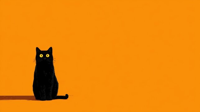 Black cat with yellow eyes sits against a vibrant orange background. - Powered by Adobe