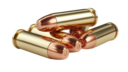 Fototapeta premium Five Golden Brass Bullets with Shiny Metallic Finish for Ammunition Display and Military Weapon Collection isolated on white background