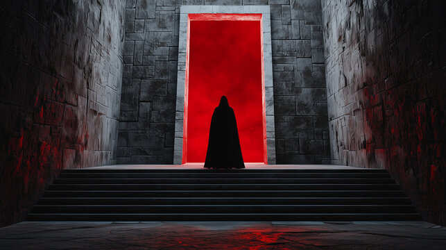 Mysterious hooded figure stands before glowing red portal in dark stone temple with dramatic lighting and shadows.