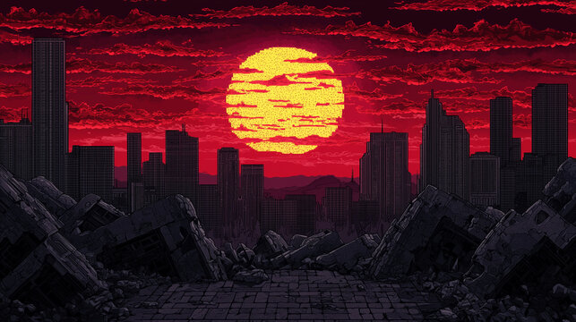 Pixel art city skyline at sunset with red sky and crumbled buildings in foreground, depicting a post apocalyptic scene.