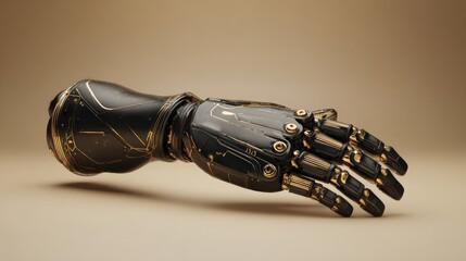 Futuristic robotic arm with intricate gold detailing on a neutral background.