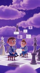 Two young boys engage in a thoughtful game of chess on a surreal cloud-like platform, under a vibrant purple sky with stars and soft clouds.