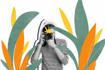 Composite photo collage of young guy paparazzi take photo camera vacation tropical palm flash light nature isolated on painted background