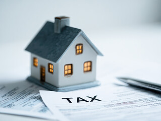 A small model house beside tax documents and a pen, symbolizing homeownership and tax responsibilities.