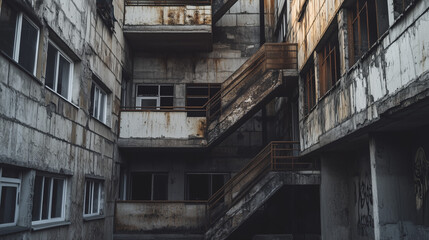 Dilapidated apartment building courtyard with cracked walls, broken windows, and rusty staircases in low light.