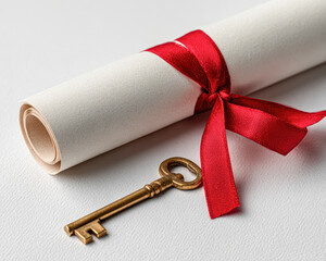 A rolled parchment tied with a red ribbon, accompanied by an antique key, symbolizing knowledge, secrets, or achievements.
