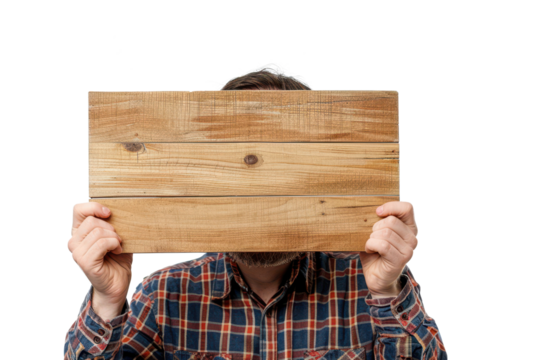 man holding a wooden board infront of his head isolated on white or transparent png - Powered by Adobe