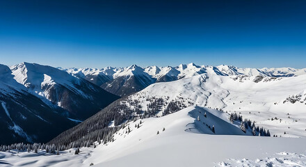 A panoramic view of snow covered mountain range under a clear blue sky on a sunny winter day ai generated