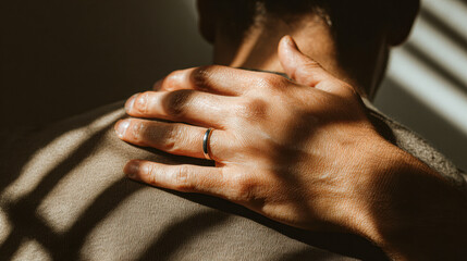 A close-up of a hand gently resting on a person's shoulder, illuminated by soft light and casting a warm, intimate atmosphere.