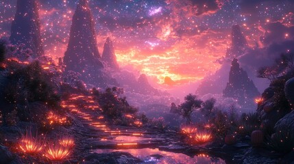 Fototapeta premium Magical sunset landscape with glowing path.