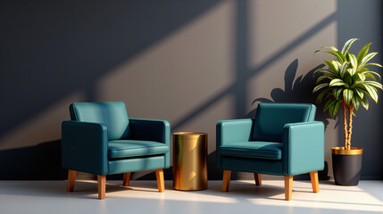 Modern Teal Armchairs and Gold Side Table in a Cozy Living Space