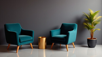Modern Teal Armchairs and Gold Side Table in a Cozy Living Space