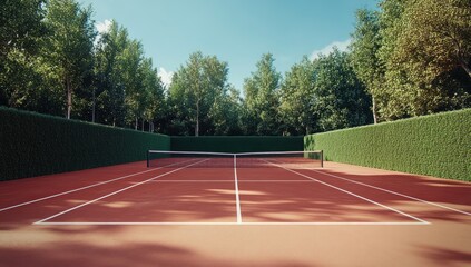 Fototapeta premium Serene Tennis Court Surrounded by Lush Greenery on a Sunny Day