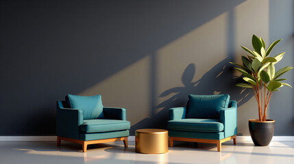 Modern Teal Armchairs and Gold Side Table in a Cozy Living Space