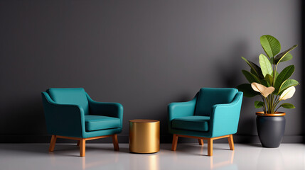 Modern Teal Armchairs and Gold Side Table in a Cozy Living Space
